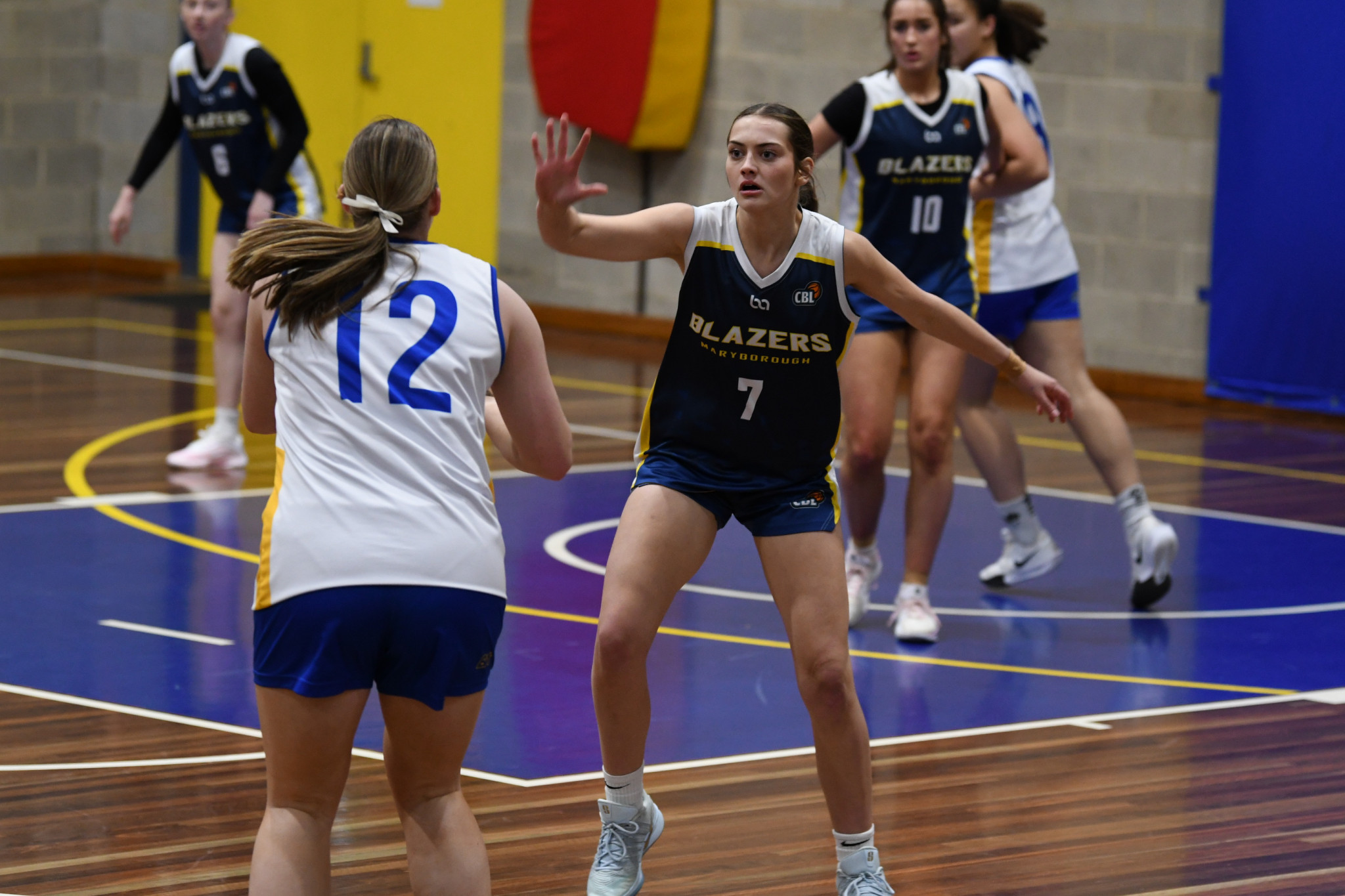 Rhylie Jones plays defence in the Maryborough Lady Blazers 13-point win over the Bendigo Braves earlier in the season.