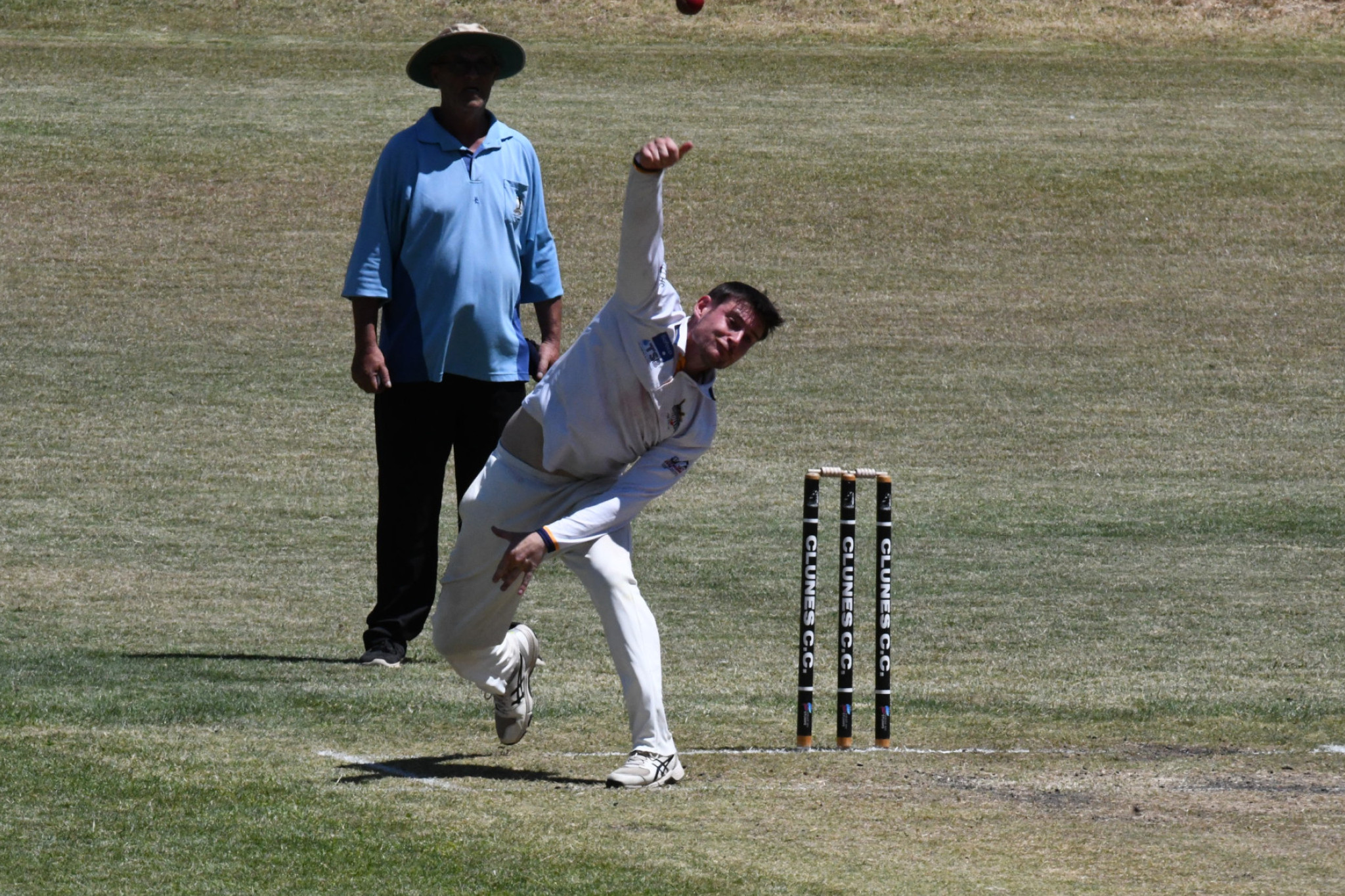 Alex Cook, pictured bowling versus Clunes, was at his dominant best on Saturday, taking 6/23.